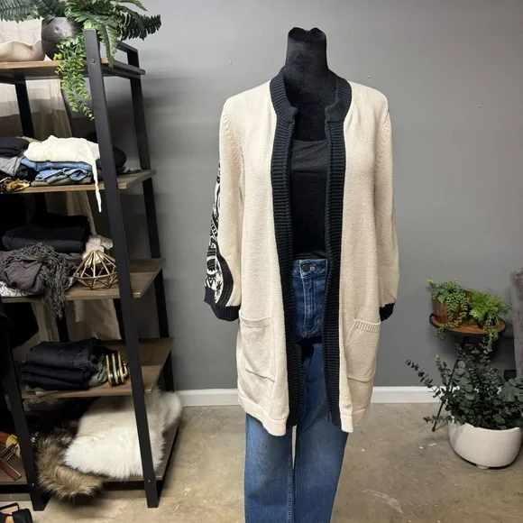 Bob Mackie Wearable Art zip up sweater paisley womens small black lt taupe - Picture 2 of 9